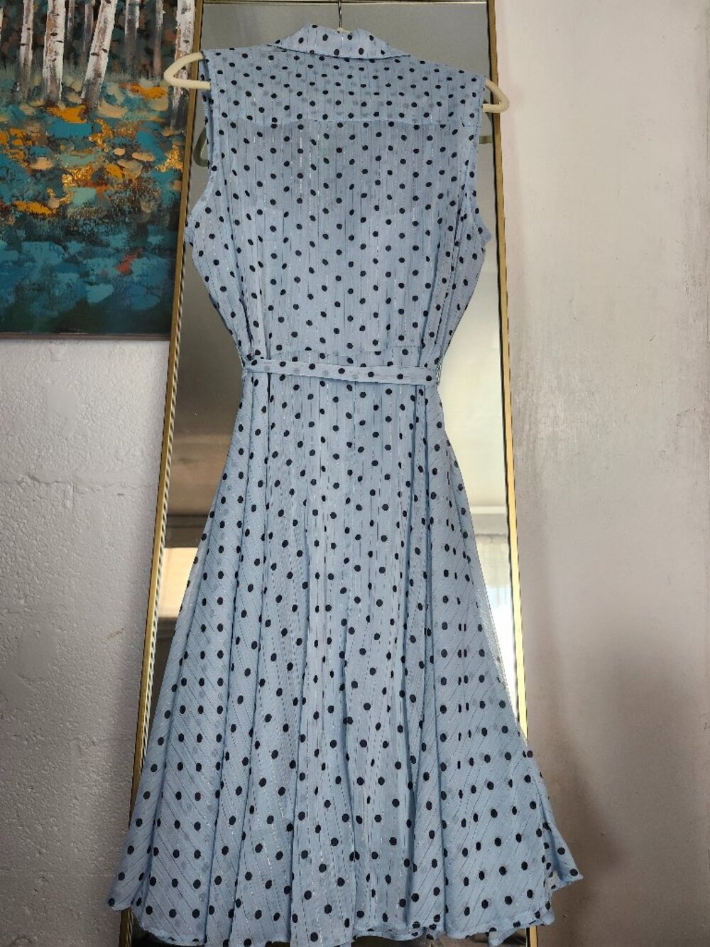Light blue sleeveless pintuck polka dot dress - Picture 4 of 9